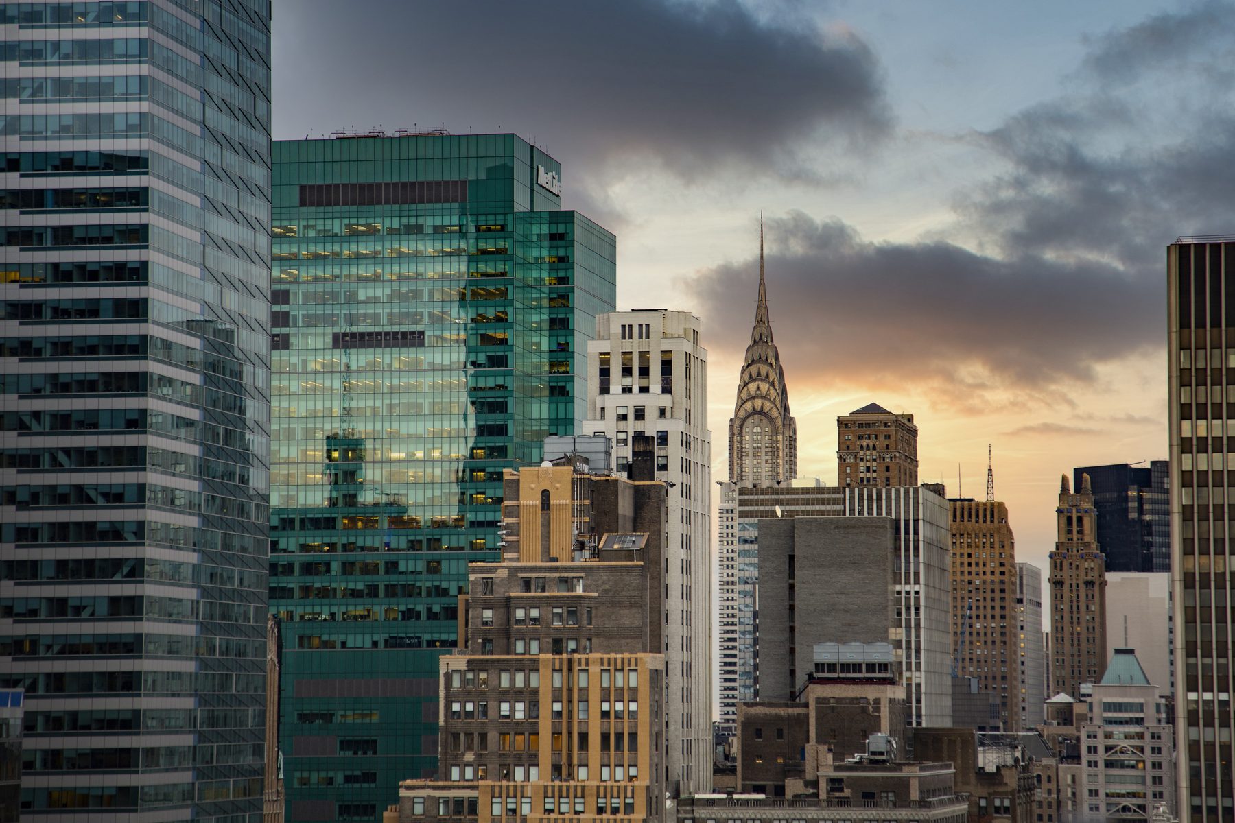 Financial district skyline at dusk